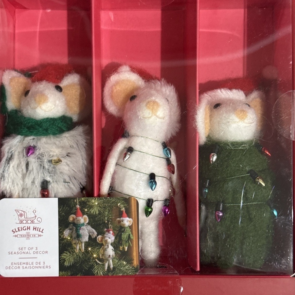 Sleigh Hill Mouse Felt Ornaments Holiday Decor - Set Of 3